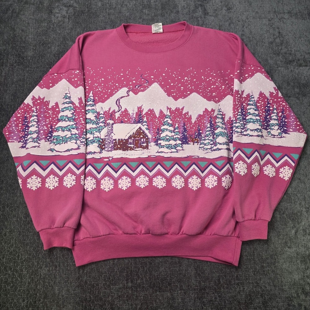Vtg Lifestyles Pullover Crew Neck Winter Wonderland Pink Snow Christmas Cabin